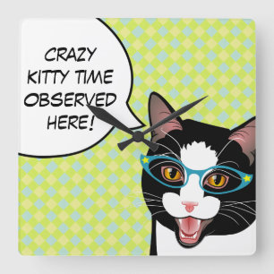 Crazy Kat Time Kitchen Cat Clock Vierkante Klok