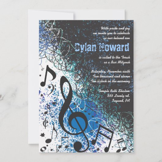 CRAZY MUSICAL NOTES Bar Mitzvah Invitation (Devant)