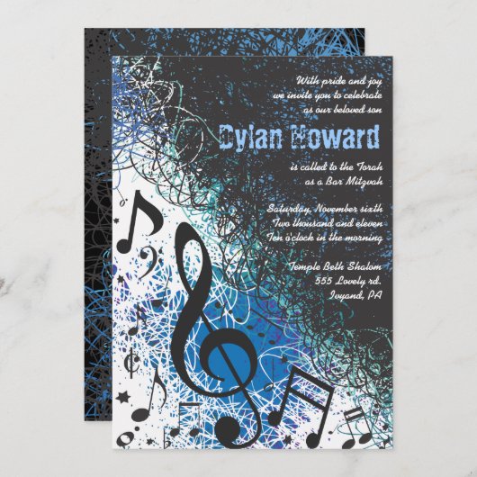 CRAZY MUSICAL NOTES Bar Mitzvah Invitation (Devant / Derrière)
