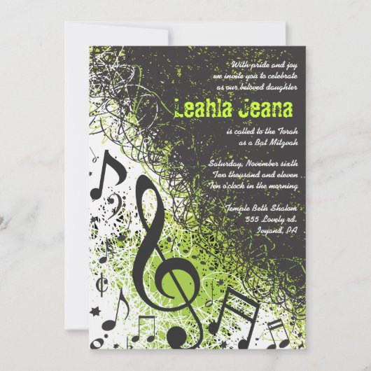 CRAZY MUSICAL NOTES Bar Mitzvah Invitation Limoen Kaart (Voorkant)
