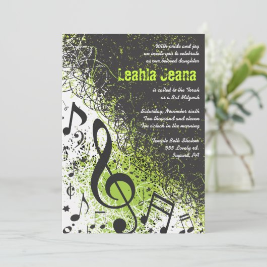 CRAZY MUSICAL NOTES Bar Mitzvah Invitation Limoen Kaart (Staand voorkant)