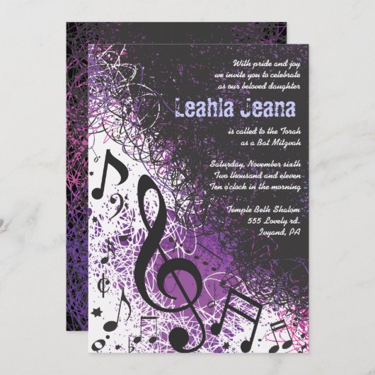 CRAZY MUSICAL NOTES Bar Mitzvah Invitation Violet (Devant / Derrière)