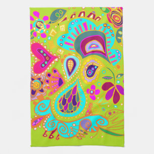 Crazy Paisley Towel in LIME green, roze, aqua Theedoek