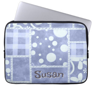 Crazy Quilt Blauwe Gingham Bloemstuk Persoonlijk Laptop Sleeve