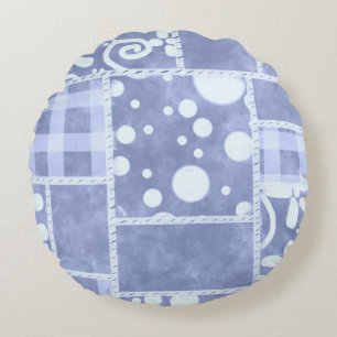 Crazy Quilt Blauwe Gingham Bloemstuk Persoonlijk Rond Kussen