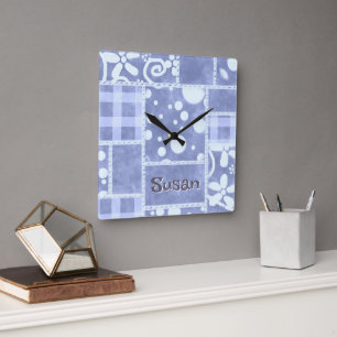 Crazy Quilt Blauwe Gingham Bloemstuk Persoonlijk Vierkante Klok