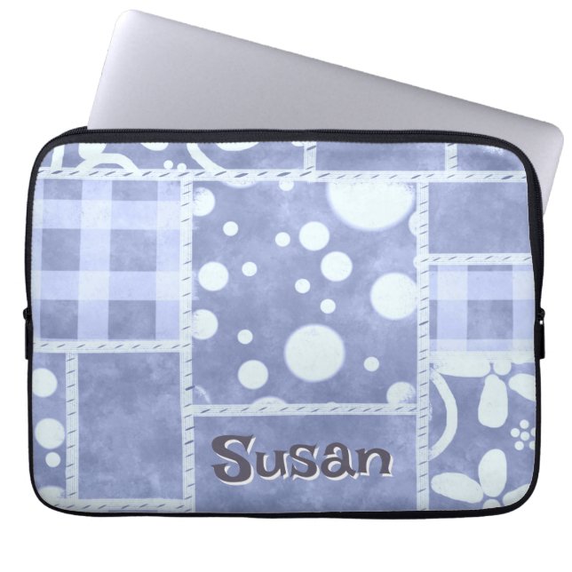 Crazy Quilt Blue Gingham Floral Personalized  Laptop Sleeve (Voorkant)