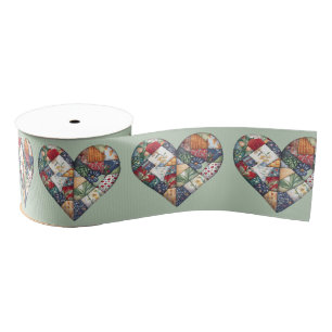 Crazy Quilt Heart Design op Sage Green Grosgrain Lint