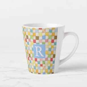 CRAZY QUILT Latte mok + tekst / Blauw