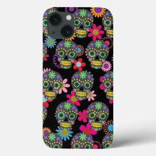 Crazy Sugar Skull en Flowers op Black Pattern iPhone 13 Hoesje