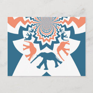 Crazy Walking Elephants Coral Blue Chevron Pattern Briefkaart