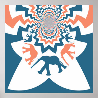 Crazy Walking Elephants Coral Blue Chevron Pattern Poster