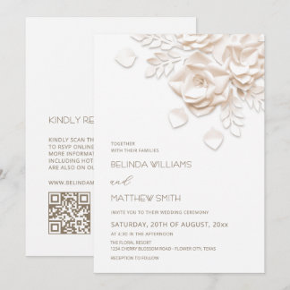 Cream 3D Flowers Roses Simple Wedding Kaart
