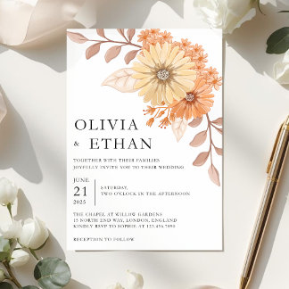 Cream Apricot Floral Wedding Invitation, W004 Kaart