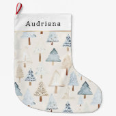 Cream Beige Blue Christmas Trees Grote Kerstsok (Voorkant)