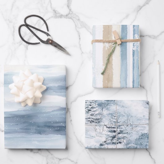 Cream Beige Blue Christmas Trees Winter   Inpakpapier Vel (Voorkant)