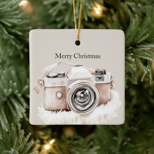 Cream Beige Camera Stripes Christmas Keramisch Ornament (Boom)