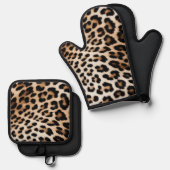 Cream Black Leopard-afdrukken Ovenwant & Pannenlap Set (Voorkant / Achterkant)