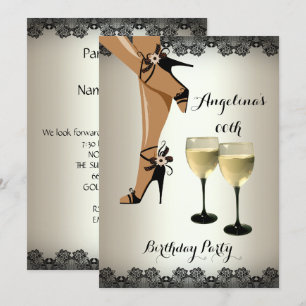 Cream Black Shoes Wine Glass Birthday Party Kaart