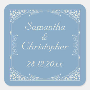 Cream Bloemen Lijst op Dusk Blue Wedding Vierkante Sticker