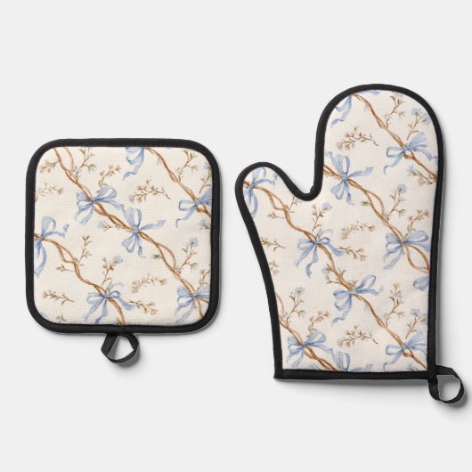 Cream Blue Bows Floral Ovenwant & Pannenlap Set (Voorkant)