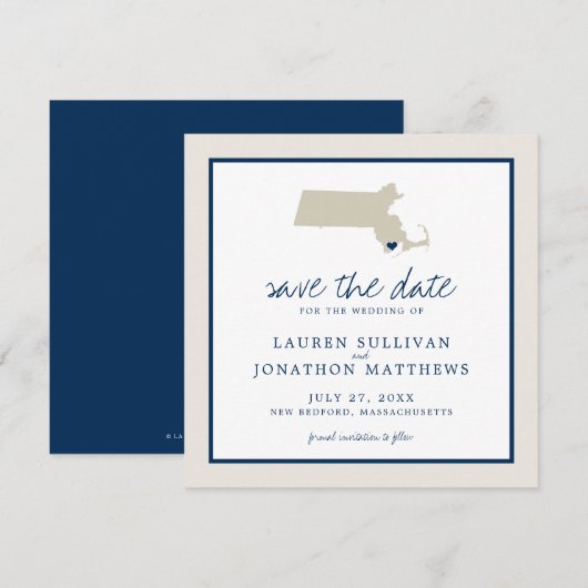 Cream Blue Massachusetts Map Weddenschap Save the  Date (Voorkant / Achterkant)