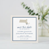 Cream Blue Massachusetts Map Weddenschap Save the  Date (Staand voorkant)