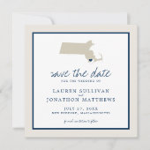 Cream Blue Massachusetts Map Weddenschap Save the  Date (Voorkant)
