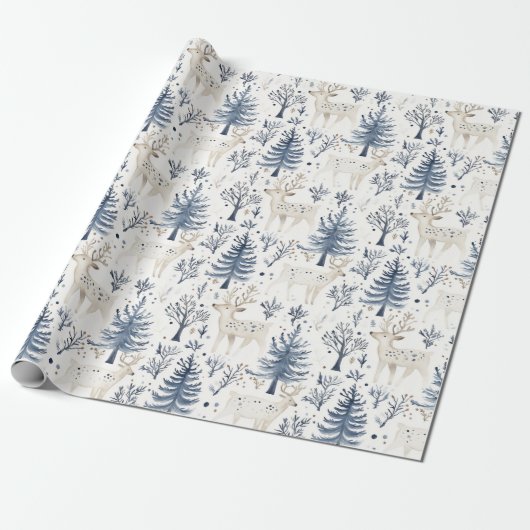 Cream Blue Pine Tree Deer Christmas Cadeaupapier (Uitgerold)