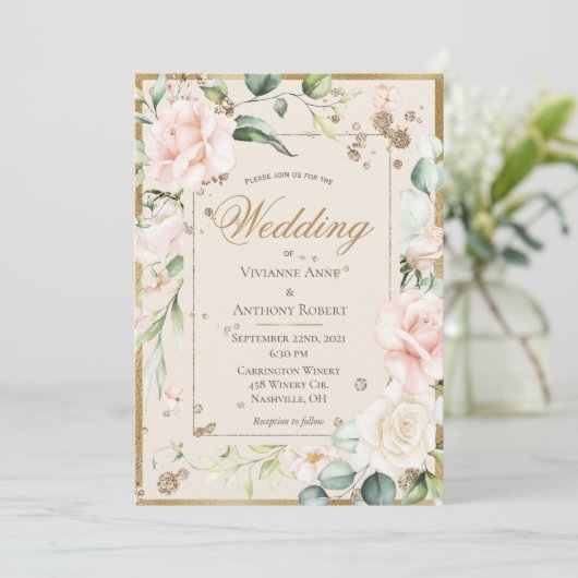Cream Blush Floral Waterverf Romantic Wedding Kaart (Staand voorkant)