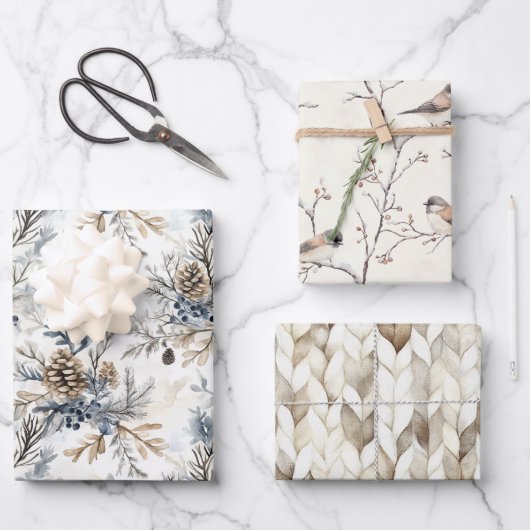 Cream Bronze Blue Birds Pine Cones Christmas Inpakpapier Vel (Voorkant)