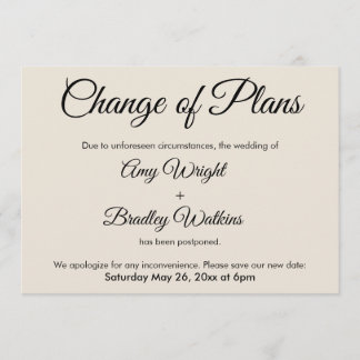 Cream Change of Plans Postponed Wedding Card Kaart