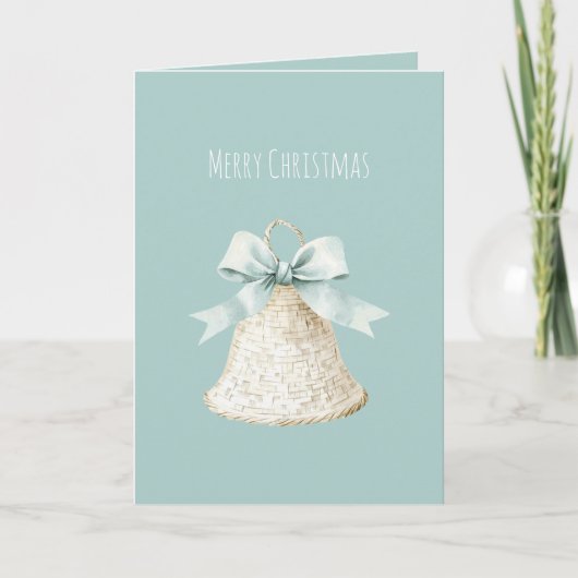 Cream Christmas Bell Pretty Blue Bow Kaart (Voorkant)