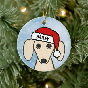 Cream Dachshund Santa Wiener Dog Aangepaste naam Keramisch Ornament