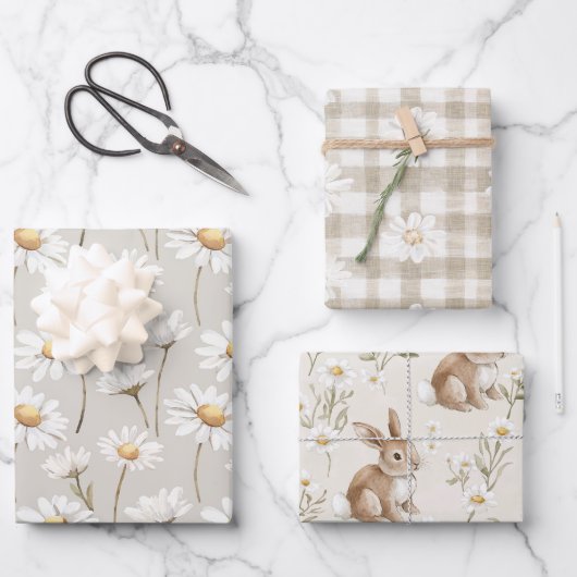 Cream Daisy Floral Bunny Rabbit Birthday Inpakpapier Vel (Voorkant)
