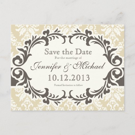 Cream Damask Enregistrer la date carte postale (Devant)