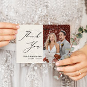 Cream Elegant Script Modern Photo Simple Wedding Bedankkaart