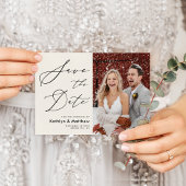 Cream Elegant Script Modern Photo Simple Wedding Save The Date