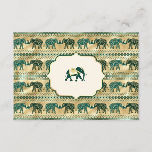 Cream Emerald Gold Elephant Indian Wedding Details Informatiekaartje (Achterkant)