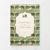 Cream Emerald Green Gold Elephant Indiase bruiloft Drieluik Uitnodiging (Cover)
