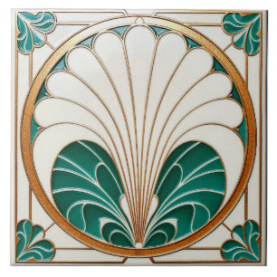 Cream en Green Art Deco Keramische Tegel. Tegeltje