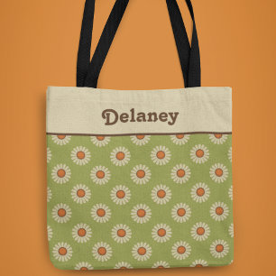 Cream en Oranje Daisies op Avocado Green Pattern Draagtas