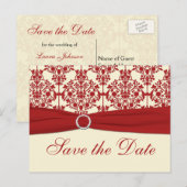 Cream en Red Damask Save the Date Briefkaart (Voorkant / Achterkant)
