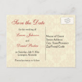 Cream en Red Damask Save the Date Briefkaart (Achterkant)