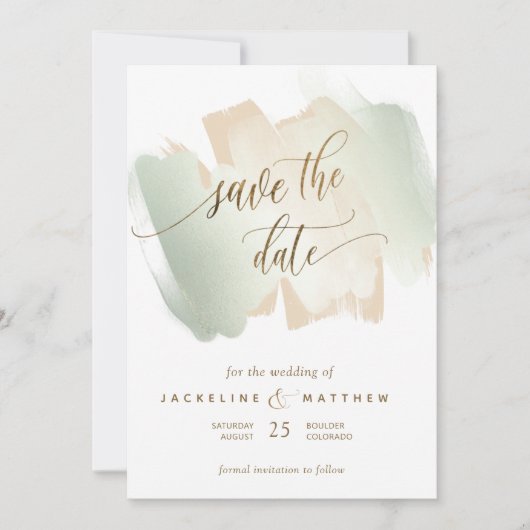 Cream en Sage penseelstreken, Minimale bruiloft op Save The Date (Voorkant)