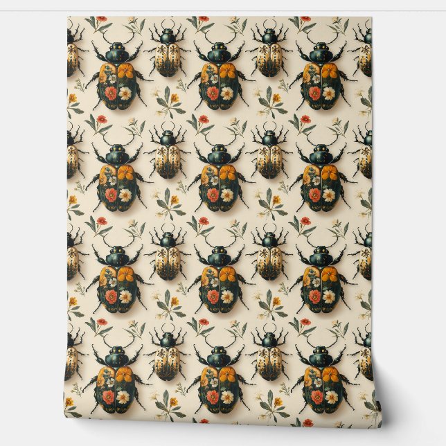 Cream Floral Beetle Decoupage Upcycling Behang (Afrollen)