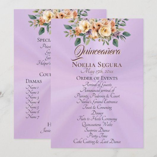 Cream Floral Quinceanera Program - Lavender Programma (Voorkant / Achterkant)