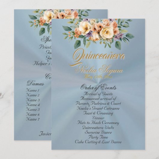Cream Floral Quinceanera Program - Pastel Blue Programma (Voorkant / Achterkant)