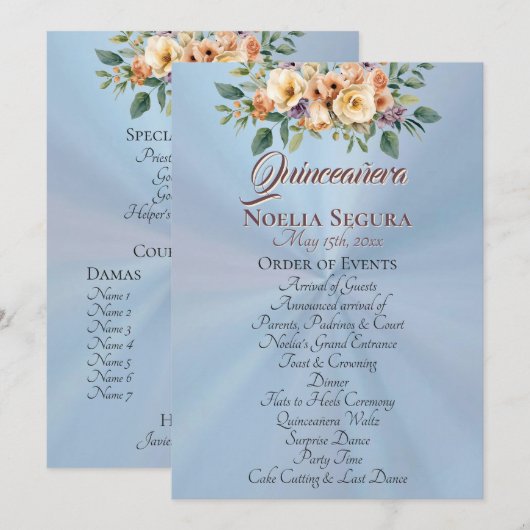 Cream Floral Quinceanera Program - Pastel Blue Programma (Voorkant / Achterkant)