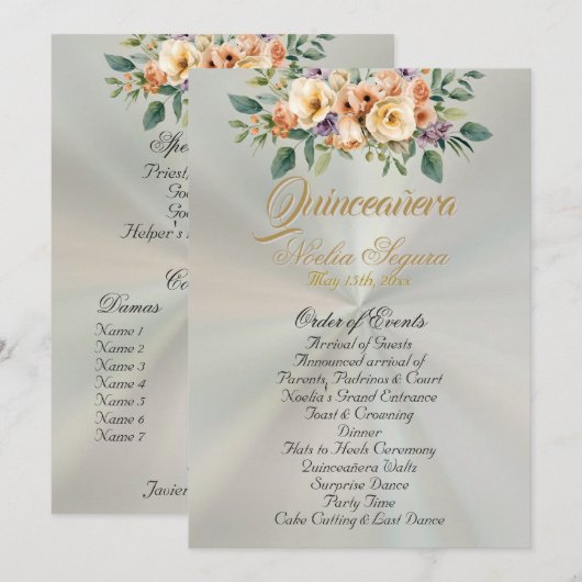 Cream Floral Quinceanera Program - Pastel Green Programma (Voorkant / Achterkant)